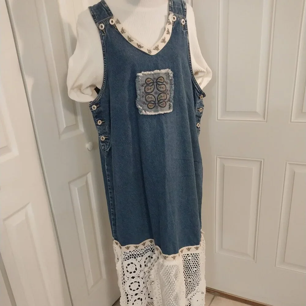 3645 Size 1XL Upcycled Denim Jumper by Sunshine Apparel with Lace Trim. - Picture 1 of 15